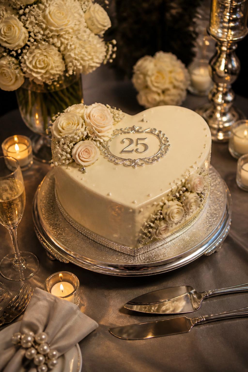 Image Prompt: Ultra-realistic intimate 25th wedding anniversary dinner scene featuring a classy heart-shaped anniversary cake with smooth ivory buttercream, delicate silver details, soft floral accents, pearl touches, and a subtle "25" topper or plaque. Place the cake on a romantic dessert table with candles, champagne glasses, linen napkins, white flowers, silver decor, and a softly blurred celebration background. No visible faces. If people appear, show only hands, back views, side angles, or neck-down figures. Realistic buttercream texture, soft romantic lighting, DSLR event photography, elegant and believable. (no watermarks on images)