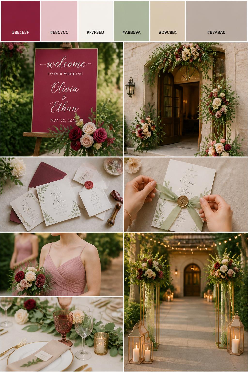Image Prompt:
A realistic wedding color palette collage with a top row of swatches and hex codes in raspberry, blush, ivory, sage green, warm beige, and soft taupe. Below, show realistic wedding details such as a raspberry wedding welcome sign, floral entrance decor, greenery accents, elegant stationery, hands tying an invitation suite, a cropped-from-neck bridesmaid dress detail, and a softly lit no-people wedding entrance setup. Keep all people shown from the back, side, or cropped below the face, and include some no-people decor scenes for variety. The mood should feel romantic, warm, and inviting with DSLR-quality realism. 9:16 vertical format. (no watermarks on images)