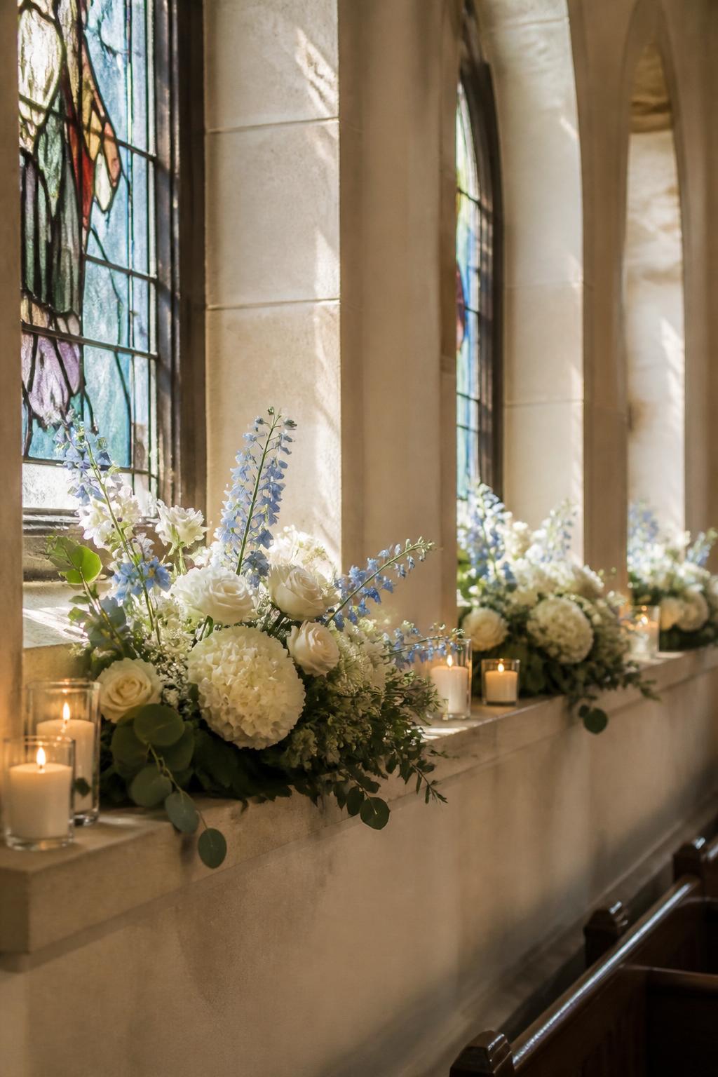 Image Prompt:
A row of church window ledges decorated with low elegant flower arrangements, using white roses, cream hydrangeas, soft blue delphiniums, eucalyptus, and small candles in glass holders, stained glass windows above, warm sunlight entering the room, no people, no faces, peaceful church interior, realistic floral styling, soft DSLR-style editorial image, no text, no watermark.