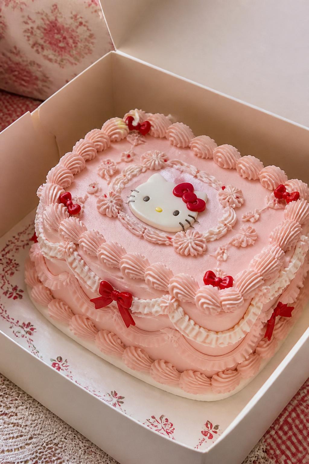 Image Prompt:
A vintage style Hello Kitty themed bento cake inside an open white cake box, soft blush pink frosting, detailed shell borders, ruffle piping, delicate swirls, small Hello Kitty face detail in the center, tiny red bow accents, romantic retro bakery styling, realistic close-up dessert photography, no people, no hands, no faces, no watermarks on images