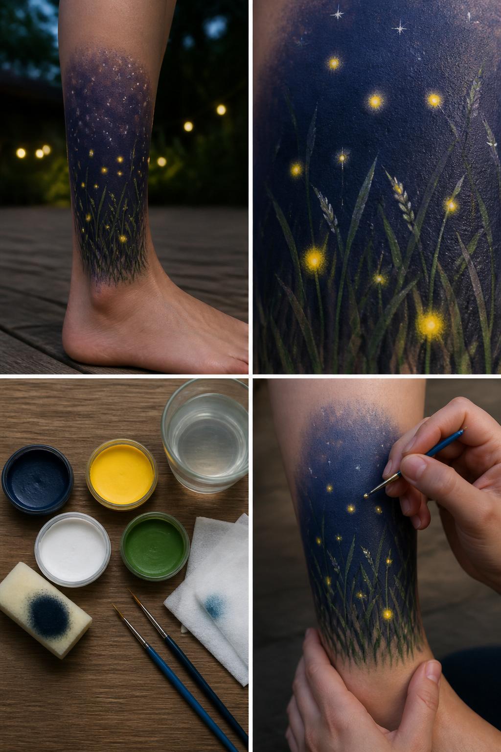 Detailed Image Prompt:
A realistic editorial 2x2 collage grid showing firefly summer night leg painting, top-left finished design with tiny yellow firefly dots, soft navy shading, grass stems, and small white stars near the lower leg, top-right close-up of glowing dots and grass details, bottom-left flat lay of skin-safe navy, yellow, white, and green body paint, sponge, fine brushes, wipes, and water cup, bottom-right cropped hands dotting yellow fireflies above painted grass, calm summer evening craft styling, no faces, no text, no watermark on images.