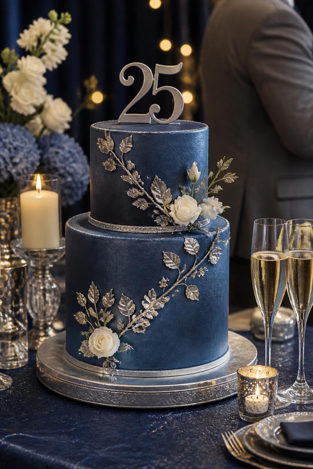 Image Prompt: Ultra-realistic 25th wedding anniversary party scene featuring a classy blue and silver anniversary cake with smooth dusty blue or navy tiers, silver trim, delicate silver leaf accents, white floral details, and a refined number "25" topper. Place the cake on a stylish dessert table with candles, blue and white florals, champagne glasses, silver table decor, fine linens, and a softly blurred celebration background. No visible faces. If people appear, show only cropped hands, back views, side views, or neck-down figures. Realistic blue icing color, refined silver shine, DSLR editorial event photography. (no watermarks on images)