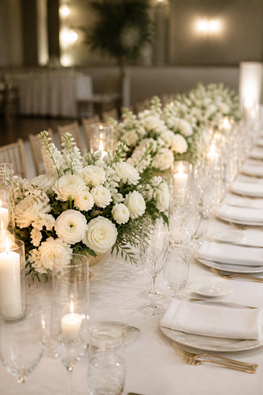 Image Prompt:
A high-end editorial wedding photo showing a long table decorated with low compote arrangements filled with white roses, white ranunculus, white stock flowers, and soft greenery. Add ivory candles, white linen, white plates, crystal glassware, and elegant reception lighting. No visible faces, no text, no watermark, realistic DSLR wedding decor photography, (no watermarks on images)