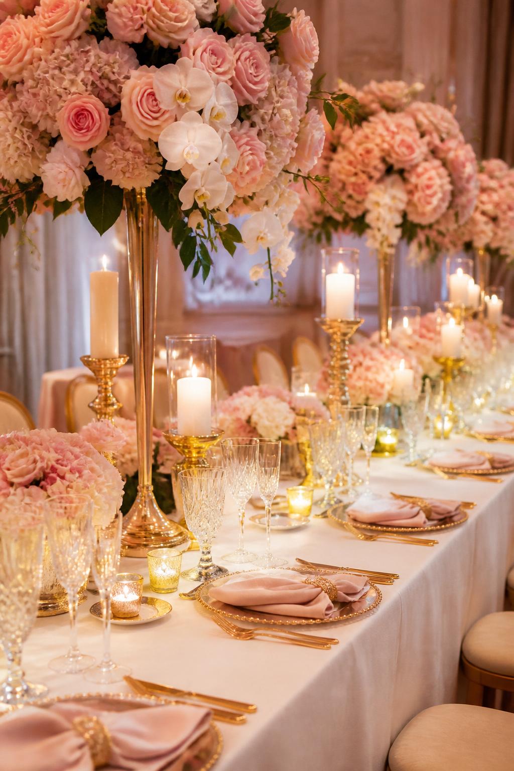 A grand wedding reception table styled with pink floral centerpieces, gold chargers, gold flatware, blush napkins, ivory candles, crystal glasses, and elegant white linen in a ballroom setting. Warm refined lighting, no visible faces, no full people, no text, no watermark, professional DSLR wedding photography, (no watermarks on images)