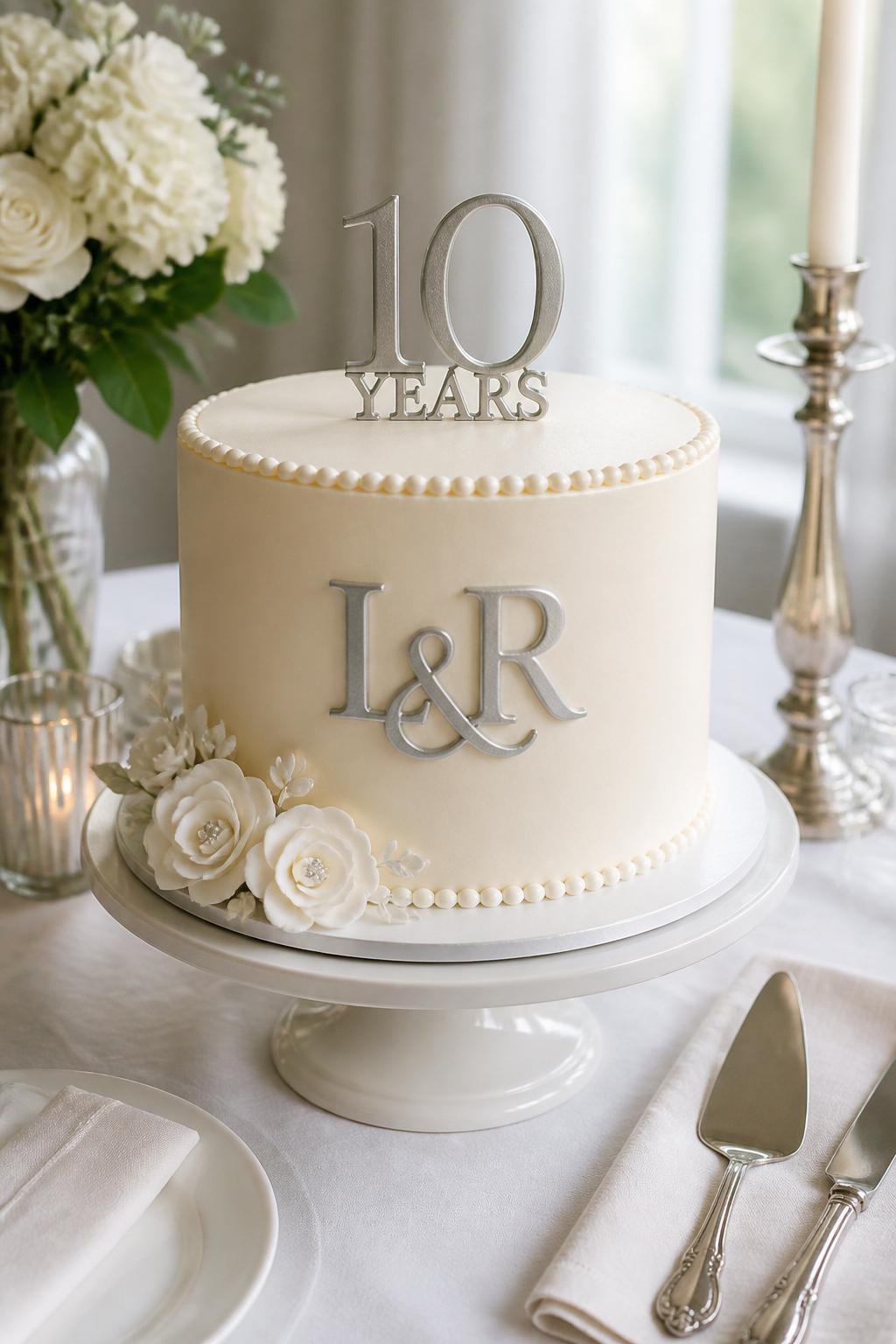 Image Prompt: A modern 10th anniversary cake with smooth ivory buttercream, a raised silver monogram of the couple’s initials, thin pearl borders, and small white sugar flowers at the base. Style it on a clean dessert table with silver cutlery, candles, white linen, and soft natural light. Make it look personal, refined, and realistic, no people, no faces, no watermark. (no watermarks on images)