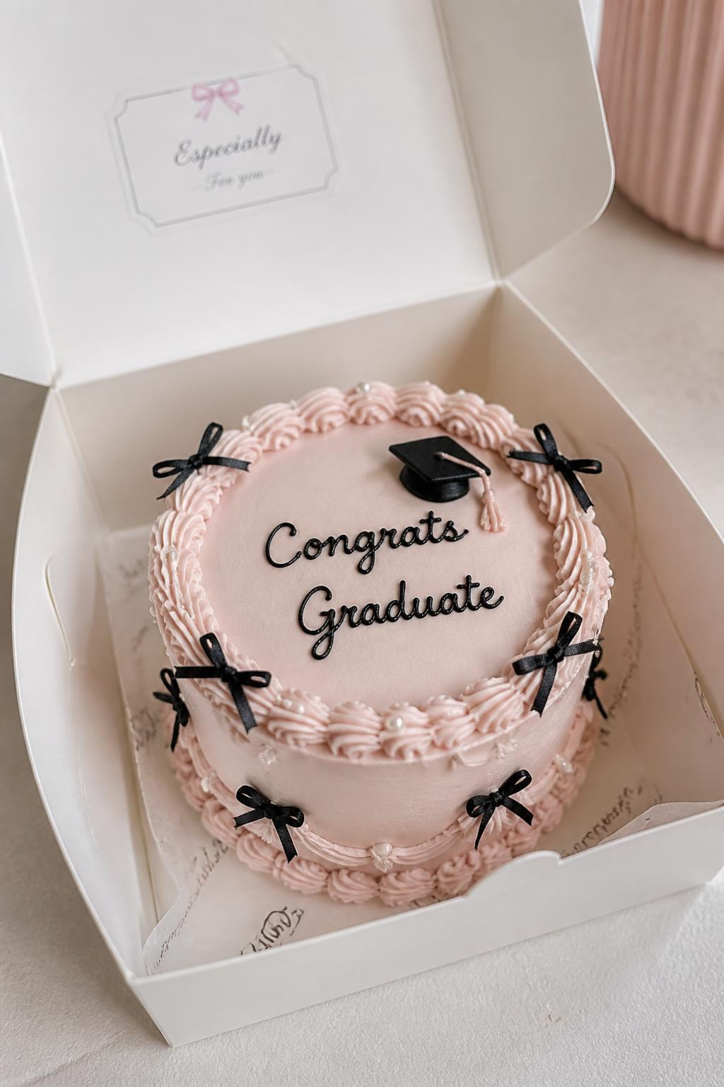 Image Prompt:
A lovely coquette inspired graduation bento cake inside an open white cake box, soft blush frosting, tiny black ribbon bow details, pearl accents, delicate scalloped border, small graduation cap detail, elegant cute bakery styling, realistic close-up dessert photography, no people, no hands, no faces, (no watermarks on images)