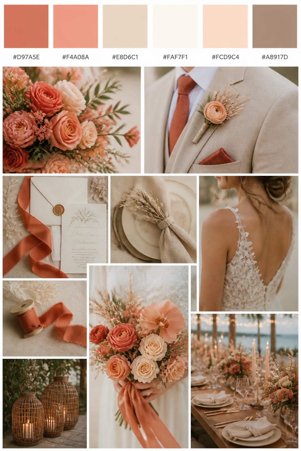 A realistic wedding palette board with a top row of color swatches and hex codes in soft terracotta, soft coral, sand beige, ivory, pale peach, and warm taupe. Below, show a polished collage of coral-toned flowers, terracotta ribbon, sandy linens, elegant paper goods, a groom suit detail with boutonniere and no visible face, cropped dress shots, bouquet styling in hands-only composition, and a romantic reception table. Use no full faces, with side crops, back views, and no-people decor shots for variety. The mood should feel warm, beachy, and romantic with true-to-life DSLR quality. 9:16 vertical format. (no watermarks on images)