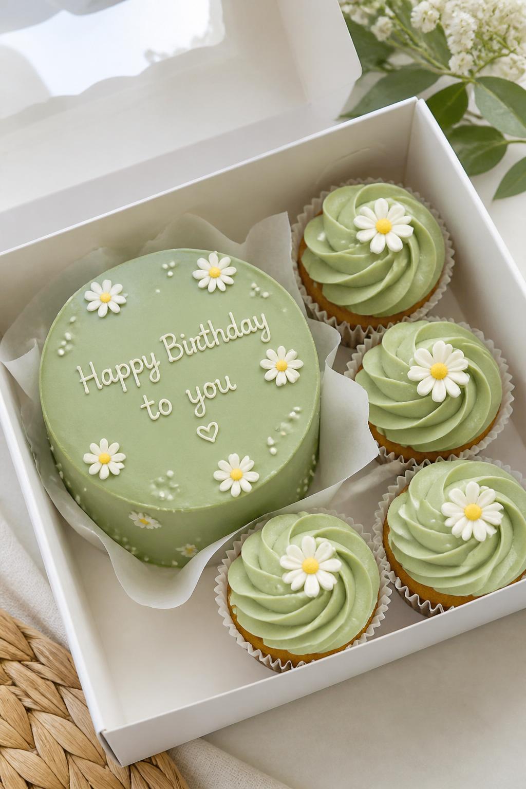 Image Prompt:
A cute sage green bento cake with cupcakes set arranged in a white gift box, one small round sage green bento cake with white daisy details and a neat handwritten message, surrounded by four matching cupcakes with sage green swirls and tiny daisy toppers, fresh spring-inspired styling, bright natural light, realistic close-up dessert photography, no people, no hands, no faces, no watermarks on images