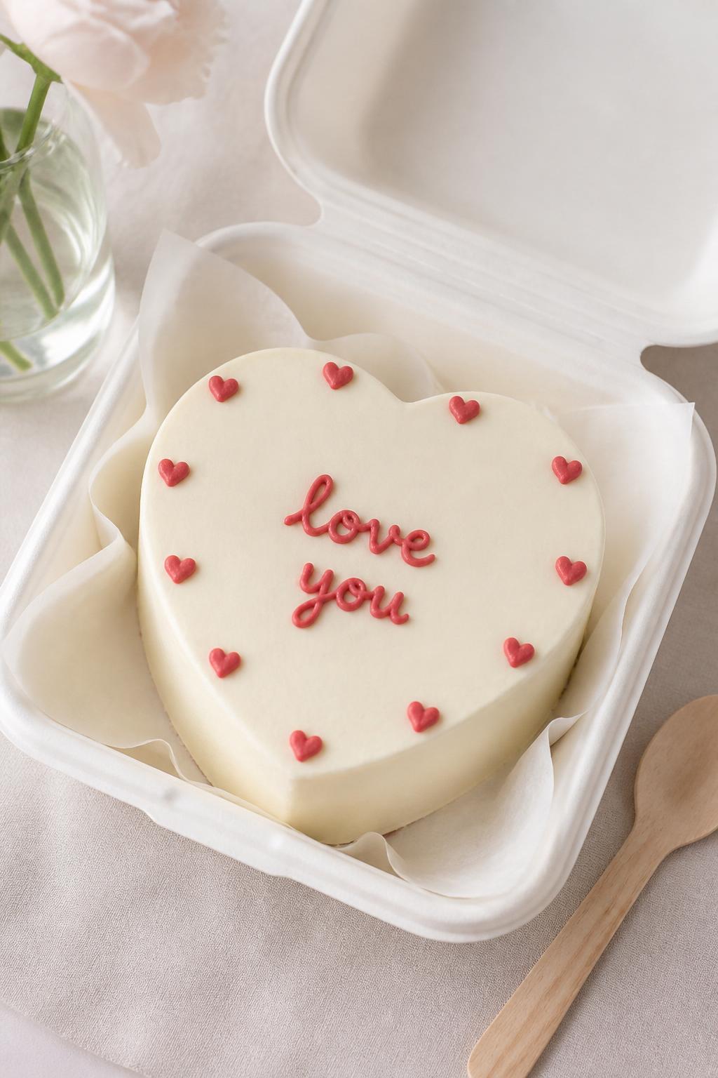 Image Prompt:
A cute minimal heart bento cake for boyfriend placed inside a white open bento cake box, soft cream frosting, tiny red buttercream hearts around the top edge, simple handwritten icing text that says “love you,” clean smooth finish, small wooden spoon beside the cake, soft natural window light, romantic but simple styling, pastel background, close-up editorial dessert photography, realistic bakery style, no hands, no people, no faces, no watermarks on images