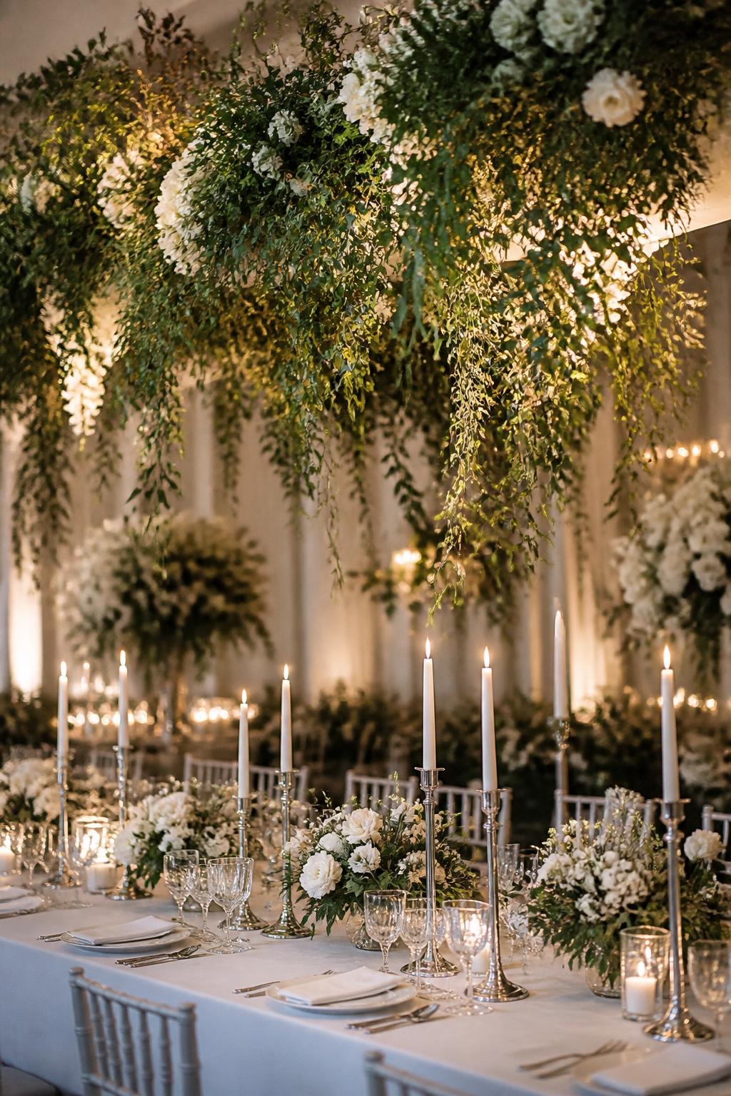 Image Prompt:
A dreamy editorial old money wedding reception photo showing a long formal table beneath a hanging greenery installation made with soft vines, white flowers, and warm lights. The table below has crisp white linen, silver candlesticks, crystal glasses, white plates, and low white floral arrangements. No visible faces, no full people, table and hanging greenery focused, no text, no watermark, realistic DSLR wedding photography, (no watermarks on images)