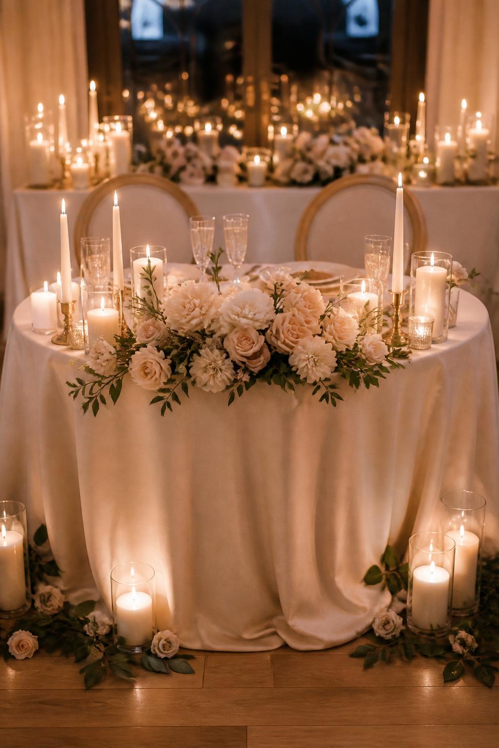 Image Prompt:
A romantic sweetheart table decorated with many candles in mixed heights, including taper candles, votives, and pillar candles, paired with blush and ivory flowers, soft linen, crystal glasses, and elegant chairs. No visible faces, no full people, sweetheart table-focused composition, warm reception lighting, no text, no watermark, realistic DSLR wedding photography, (no watermarks on images)