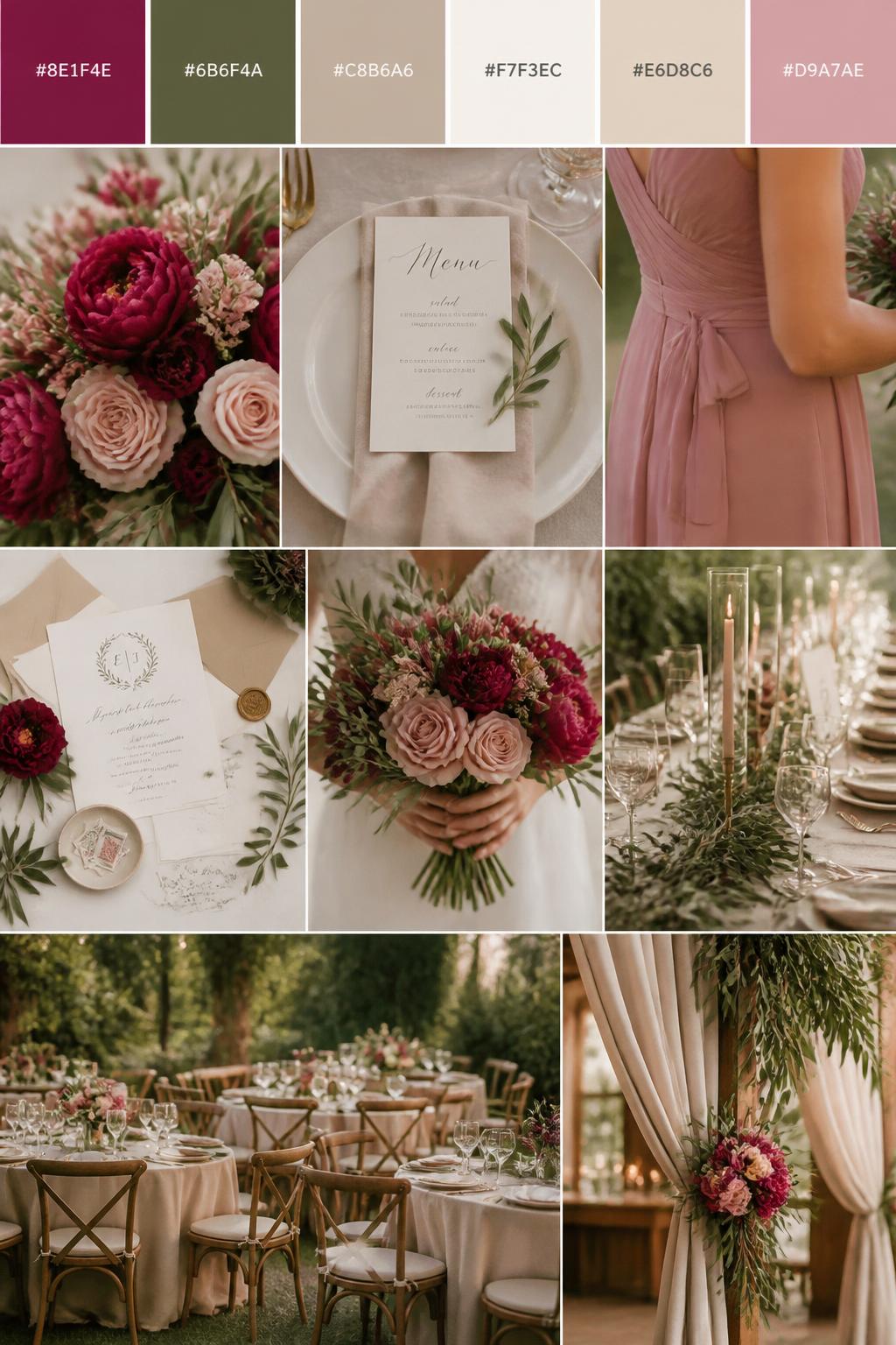 A realistic wedding mood board in a Pinterest-style collage layout. Add a top strip of swatches with small hex codes in raspberry, olive green, warm nude, cream, beige, and muted blush. Below, create a romantic collage with olive greenery, raspberry flowers, nude-toned linens, menu cards, bouquet close-ups, a side-view body detail of a bridesmaid dress with no face shown, hands holding flowers, and no-people reception styling under warm natural light. Avoid clear faces completely by using cropped, turned-away, or detail-only compositions. DSLR-style realism, 9:16 vertical format. (no watermarks on images)