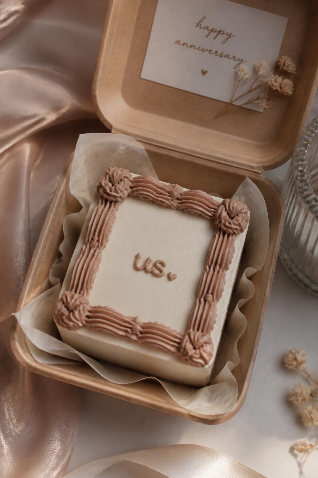 Image Prompt:
A personalized anniversary bento cake designed like a tiny photo frame, smooth cream frosting, piped frame border in soft brown icing, small heart details in the corners, short icing text reading “us,” placed inside an open kraft bento box, cozy romantic styling, realistic editorial dessert photography, no people, no hands, no faces, no watermarks on images