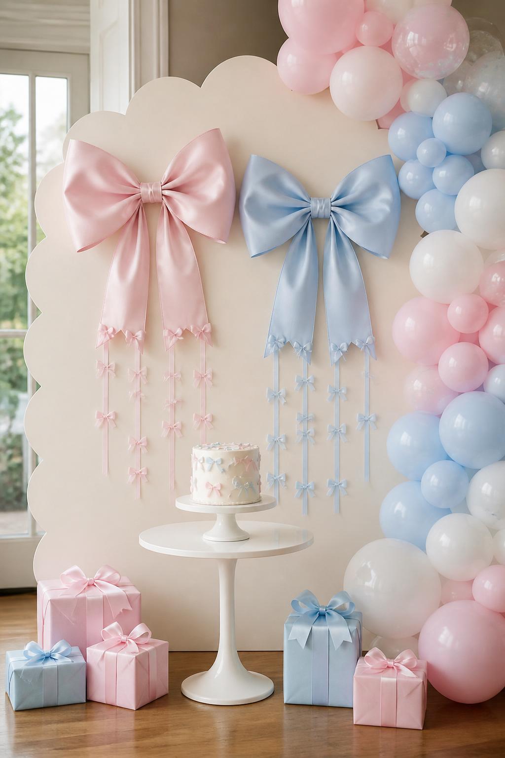 Image Prompt:
A single realistic photo of a cute bow-themed gender reveal backdrop with a large cream scalloped panel, oversized satin bows in blush pink and baby blue attached to the backdrop, pastel balloon clusters framing one side, small ribbon streamers hanging neatly, white cake pedestal table in front with mini bow decorations, soft pink and blue wrapped gift boxes on the floor, bright natural indoor light, no people, no faces, polished but realistic party photography, no text, no watermark.