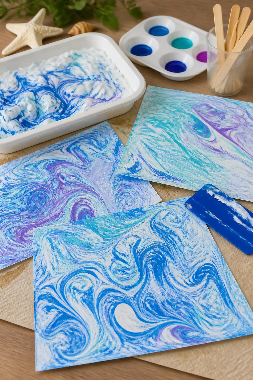 Detailed Image Prompt:
A polished kids’ art photo showing shaving cream marbled ocean paper, swirls of blue, teal, white, and purple creating watery marble patterns, finished ocean papers drying on a table, tray of shaving cream, paint drops, craft sticks, and scraper nearby, clean summer ocean art setup, no people, no faces, no readable text, no watermark on images.