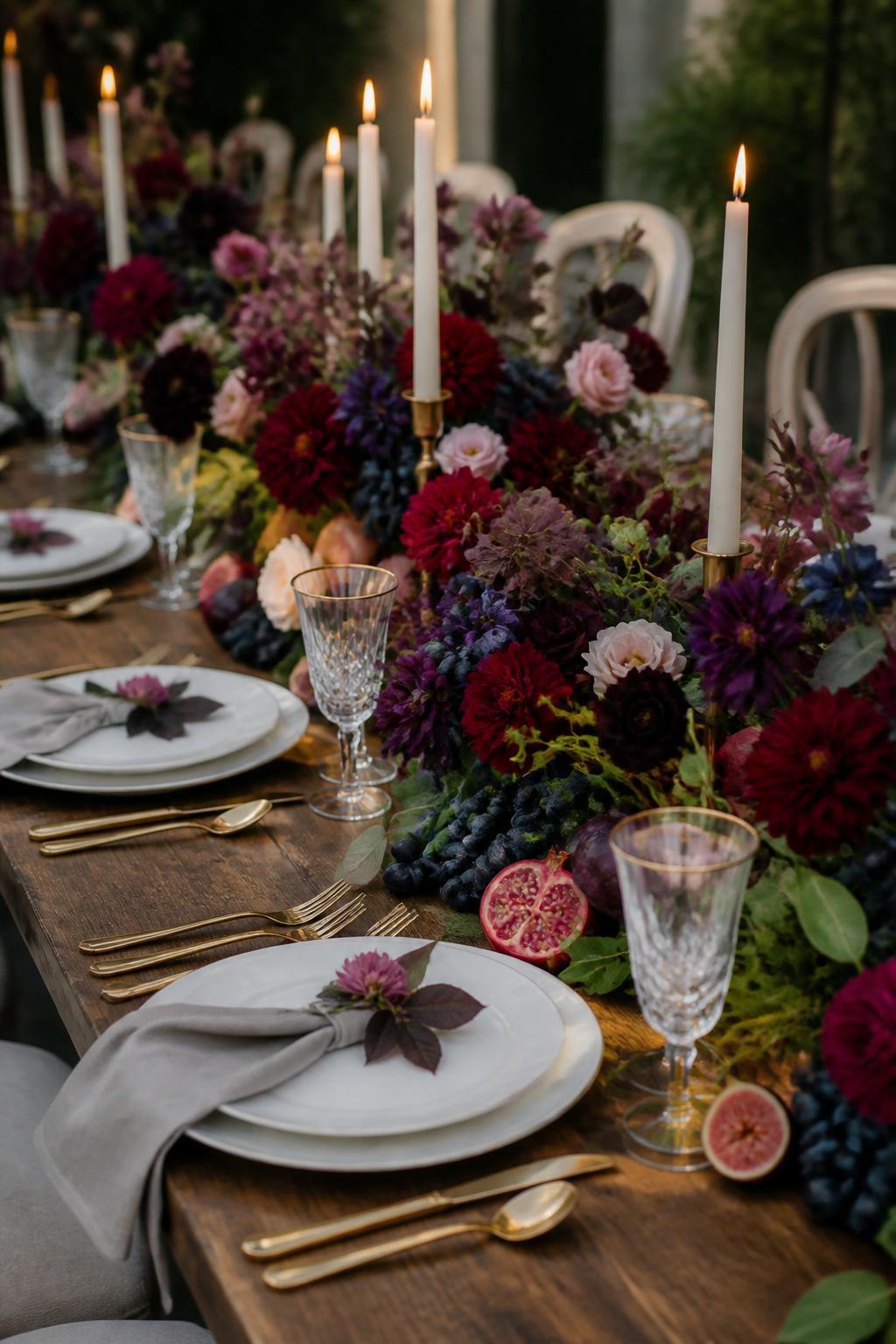 Image Prompt:
A romantic wedding table styled with a lush runner of jewel tone flowers and dark fruit accents such as figs, grapes, plums, and pomegranates, paired with ivory candles, white plates, gold flatware, and crystal glasses. Elegant garden or indoor reception setting, no visible faces, no text, no watermark, realistic DSLR wedding photography, (no watermarks on images)