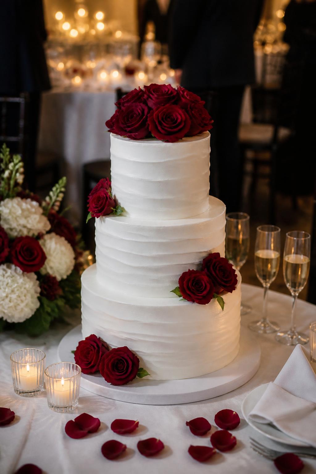 Image Prompt: Ultra-realistic wedding reception photo of a classic white wedding cake with smooth white buttercream or fondant tiers, fresh deep red roses placed elegantly around the cake, and a soft romantic bridal finish. Place the cake on a beautifully styled wedding cake table in a real wedding party scene with candles, red and white floral centerpieces, fine linens, champagne glasses, glassware, and a softly blurred reception backdrop. Keep the cake as the clear main focus. No visible faces. If people appear, show only cropped hands, back views, side views, or neck-down figures. Realistic rose petals, smooth icing texture, soft natural wedding lighting, DSLR editorial photography. (no watermarks on images)