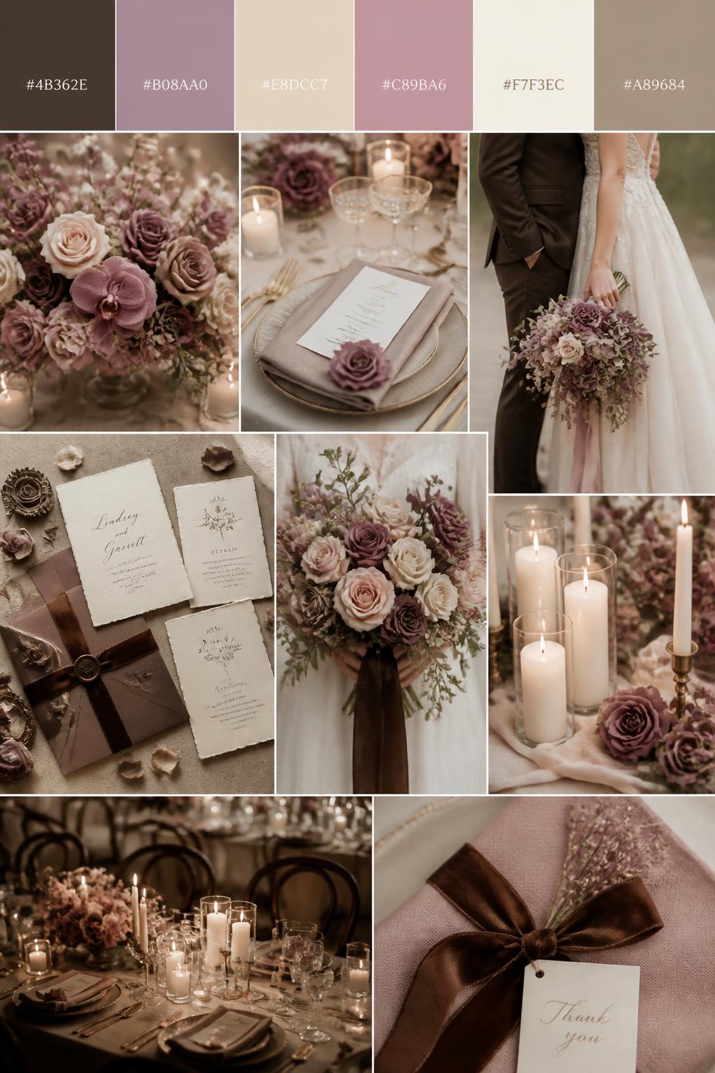 A realistic wedding palette mood board in a polished Pinterest collage layout. Include a top strip of color swatches with hex codes in espresso brown, mauve, champagne, dusty rose, ivory, and warm taupe. Below, show a romantic collage with mauve flowers, champagne table details, espresso ribbon, ivory candles, invitation flat lays, a side-view cropped couple shot with no faces visible, bouquet close-ups, and softly lit reception decor. Keep variety in the compositions with no full faces, using back views, hands-only images, and no-people styling scenes. The mood should feel romantic, soft, and warm with real DSLR photo quality. 9:16 vertical format. (no watermarks on images)