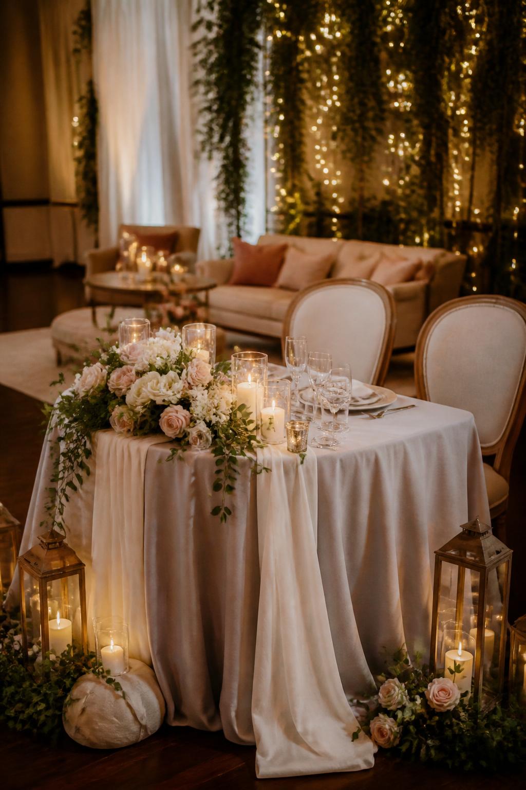Image Prompt:
A stylish wedding sweetheart table designed with soft romantic decor and a cozy lounge-inspired setup nearby, featuring elegant chairs, candles, flowers, layered linen, and a warm inviting reception atmosphere. Keep the focus on the decorated table area with no visible faces, no full people, realistic editorial wedding photography, no text, (no watermarks on images)
