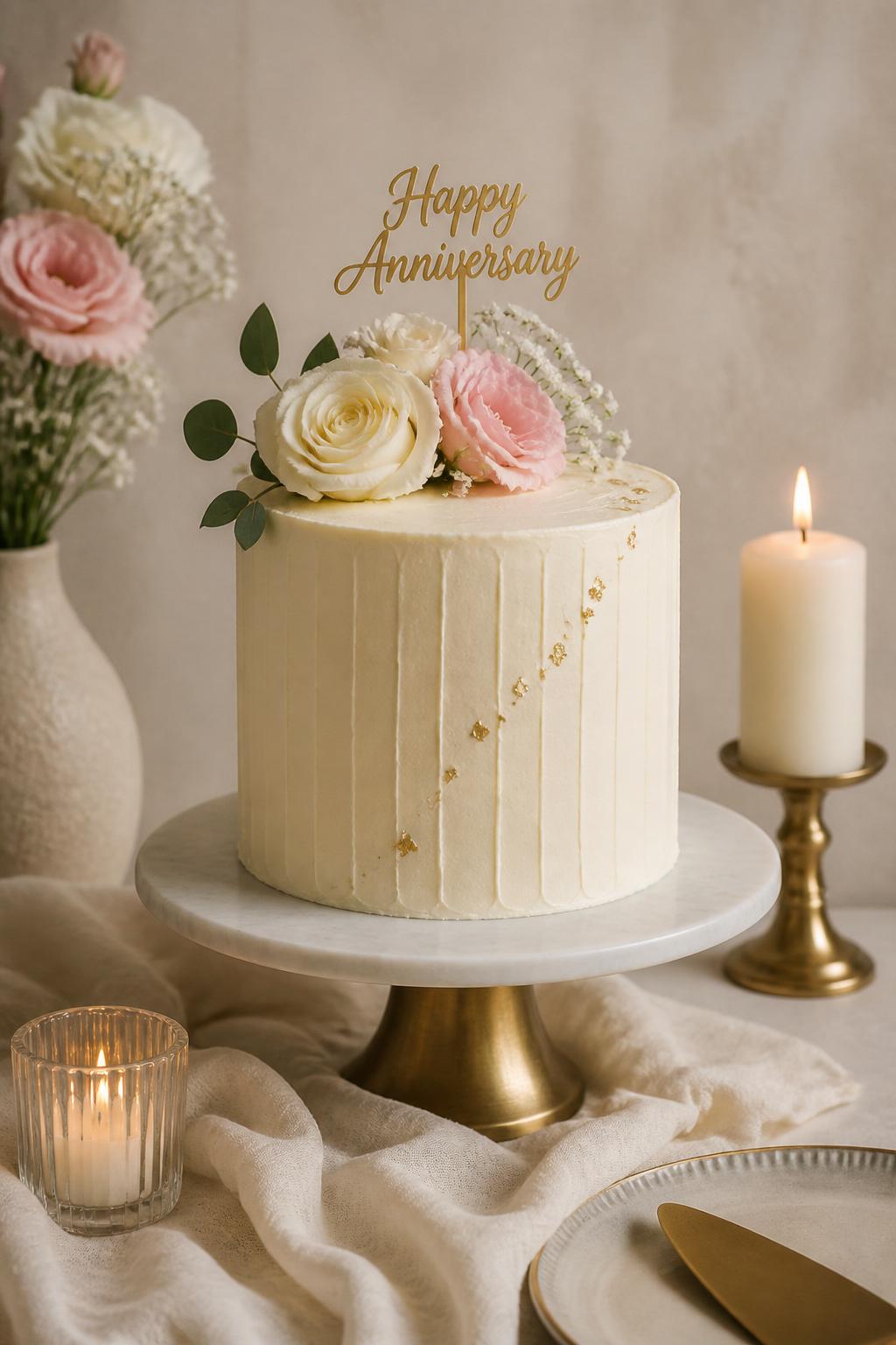 Image Prompt: A tall single-tier anniversary cake with smooth buttercream, soft vertical texture, fresh flowers, and a small gold anniversary topper. Style it on a modern dessert table with candles, linen, and a neutral backdrop. Make the cake look stylish, compact, and perfect for an intimate celebration, with realistic buttercream texture, no people, no faces, no watermark. (no watermarks on images)