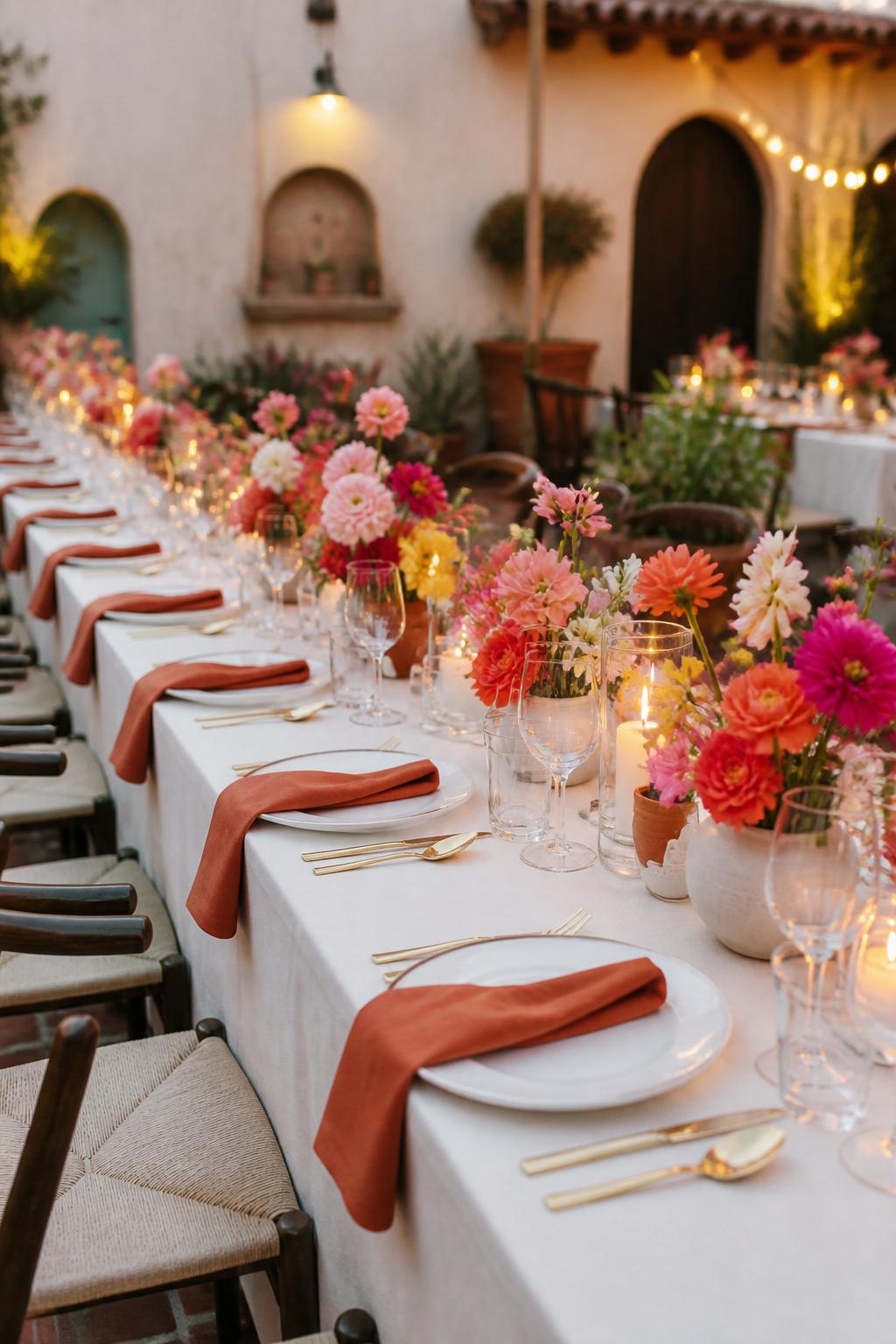 Image Prompt:
A professional editorial wedding reception photo showing a long rectangle table styled with terracotta linen napkins, bright Mexican-inspired floral centerpieces in pink, orange, coral, yellow, and white, low ceramic vases, white plates, gold flatware, clear glassware, and warm candlelight. The setting is a modern hacienda-style wedding reception with stucco walls, clay tile flooring, soft evening light, no visible faces, no full people, table-focused composition, realistic DSLR wedding photography, no text, no watermark.