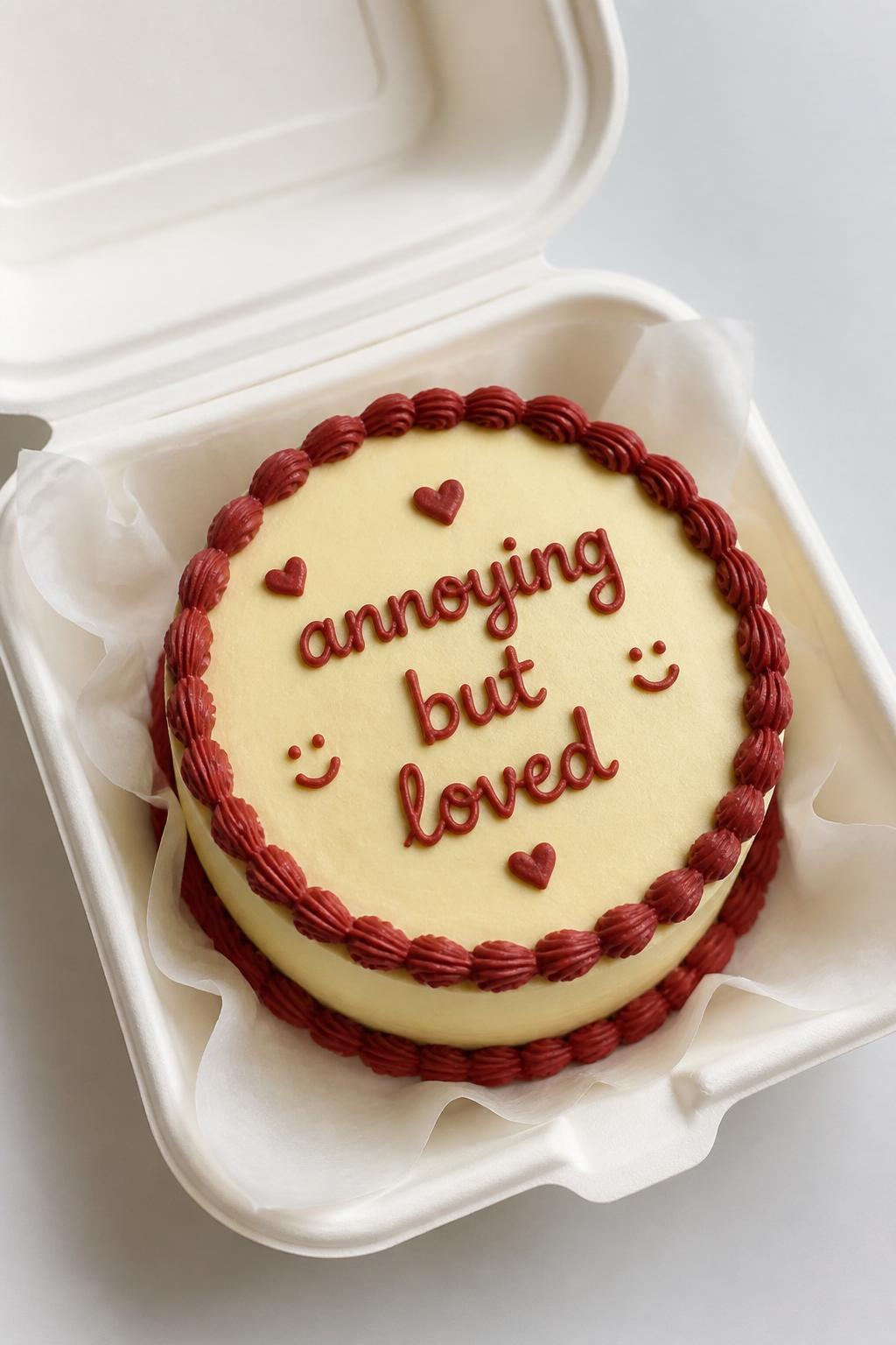 Image Prompt:
A funny cute bento cake inside an open white cake box, pale yellow frosting, red piped border, handwritten icing text reading “annoying but loved,” tiny heart doodles and smiley face details, casual playful dessert styling, bright clean backdrop, realistic DSLR bakery photography, no people, no hands, no faces, no watermarks on images