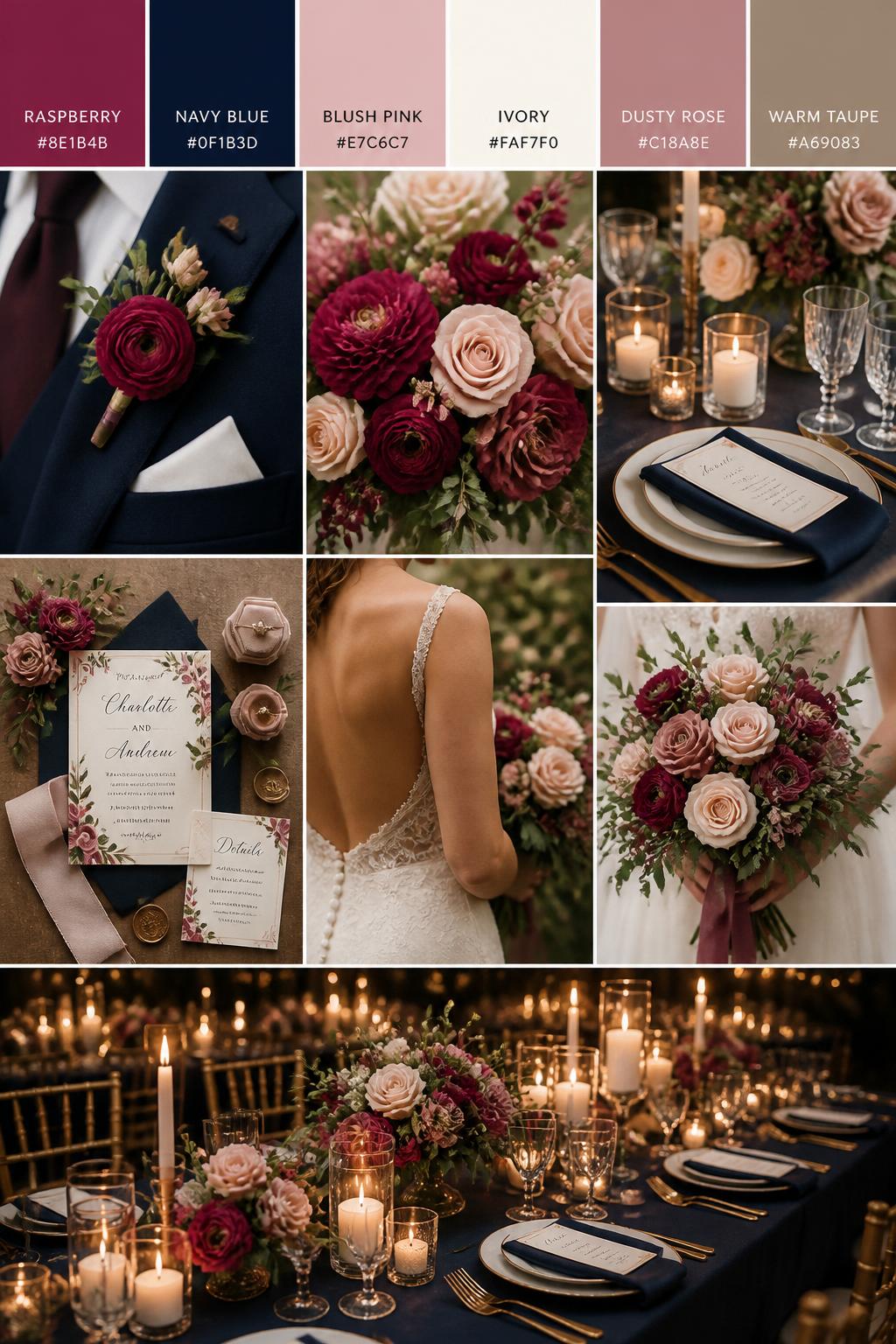 A realistic wedding color scheme mood board with a top swatch strip and small hex codes in raspberry, navy blue, blush pink, ivory, dusty rose, and warm taupe. Below, create a rich romantic collage of navy suit details, raspberry flowers, blush blooms, polished table settings, elegant stationery, hands holding a bouquet, a back-view bridal detail, and a no-people candlelit reception table. Use no clear faces and mix detail shots with no-people decor images for variety. The mood should feel rich, classic, and romantic with soft warm light and DSLR-style realism. 9:16 vertical format. (no watermarks on images)