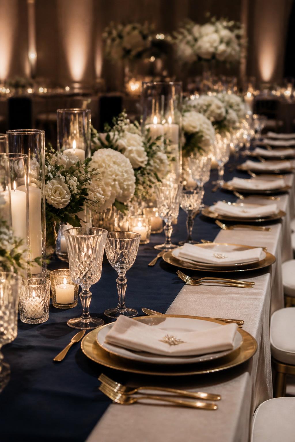 Image Prompt:
An elegant wedding table photo showing a long table with a navy blue runner, gold chargers, gold flatware, white plates, white floral centerpieces, ivory candles, and crystal glasses. The setting is a formal indoor wedding reception with warm lighting, no visible faces, no text, no watermark, realistic editorial wedding photography, (no watermarks on images)