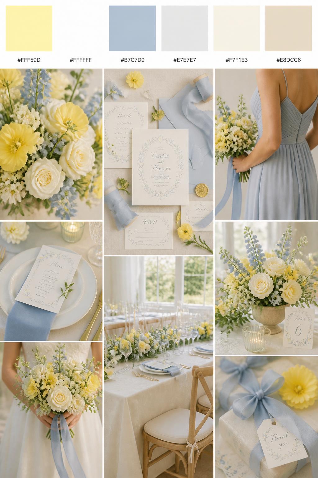 Image Prompt:
A realistic wedding mood board with a top strip of color swatches and small hex codes in lemon yellow, white, dusty blue, pale gray, soft cream, and warm beige. Below, show a cheerful wedding collage of details: lemon yellow flowers, white roses, dusty blue ribbon, soft table settings, invitation flat lays, a cropped bridesmaid dress detail from the neck down, hands holding a bouquet, and a no-people reception table glowing under natural daylight. Keep the collage fresh, soft, and romantic with DSLR-style realism. Use no clear faces, with side angles, back views, detail-only shots, and no-people scenes. 9:16 vertical format. (no watermarks on images)