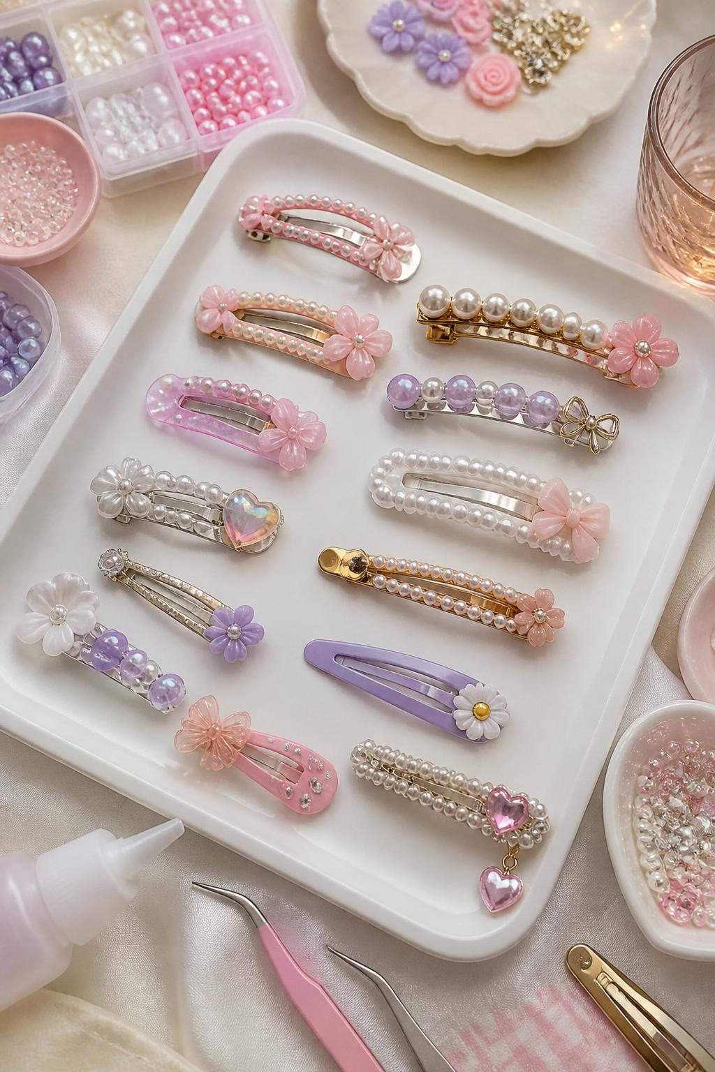 Detailed Image Prompt:
A cute accessory craft photo showing handmade custom hair clips, plain snap clips and barrettes decorated with pearls, tiny bows, pastel beads, rhinestones, clay flowers, and small charms, arranged on a white tray with jewelry glue and tweezers nearby, stylish girls’ night beauty craft setup, no people, no faces, no readable text, no watermark on images.