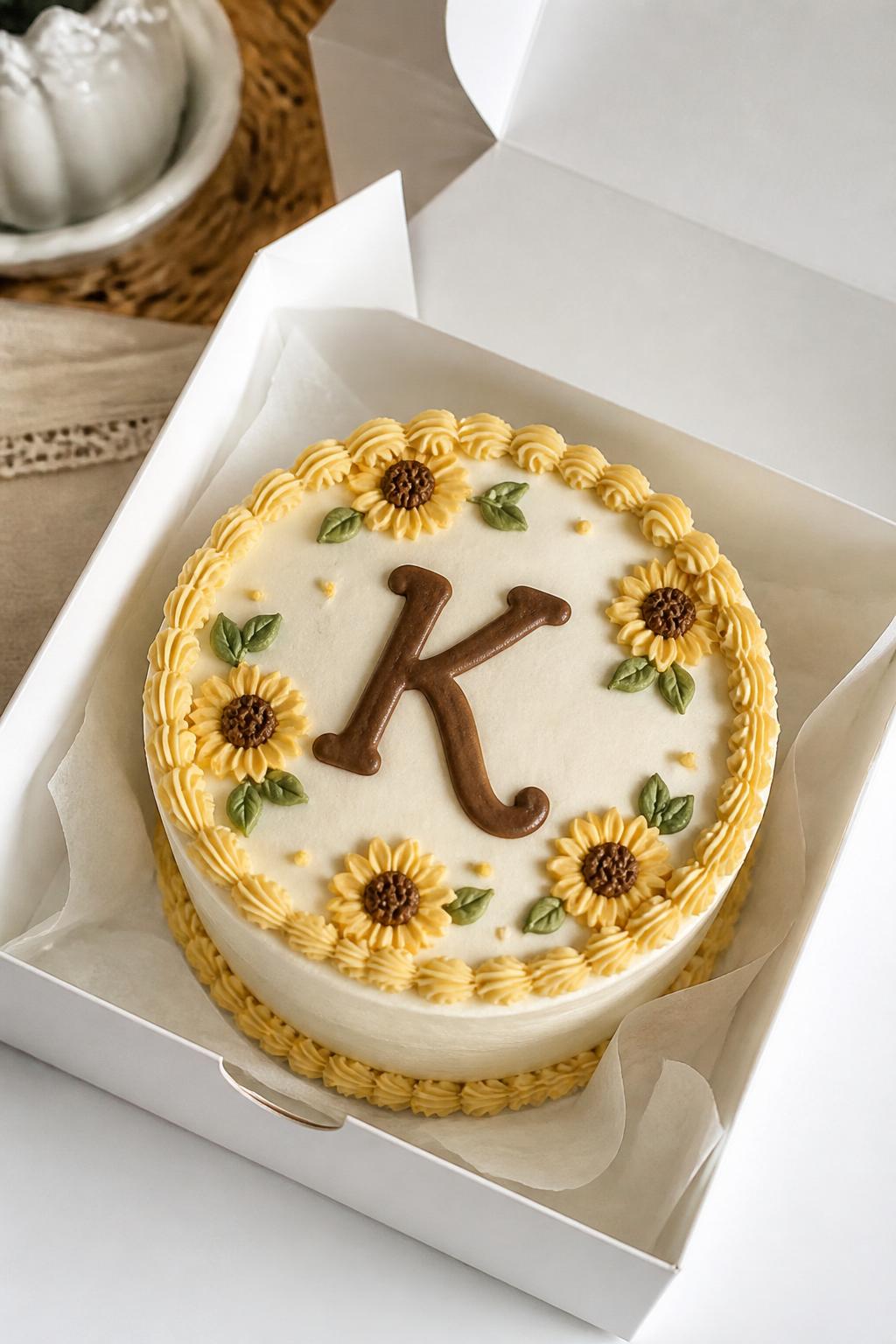 Image Prompt:
A personalized sunflower bento cake inside an open white cake box, smooth cream frosting, one large initial piped in brown icing at the center, tiny sunflower details around the letter, green leaf accents, neat yellow border, custom bakery styling, realistic editorial dessert photography, no people, no hands, no faces, no watermarks on images