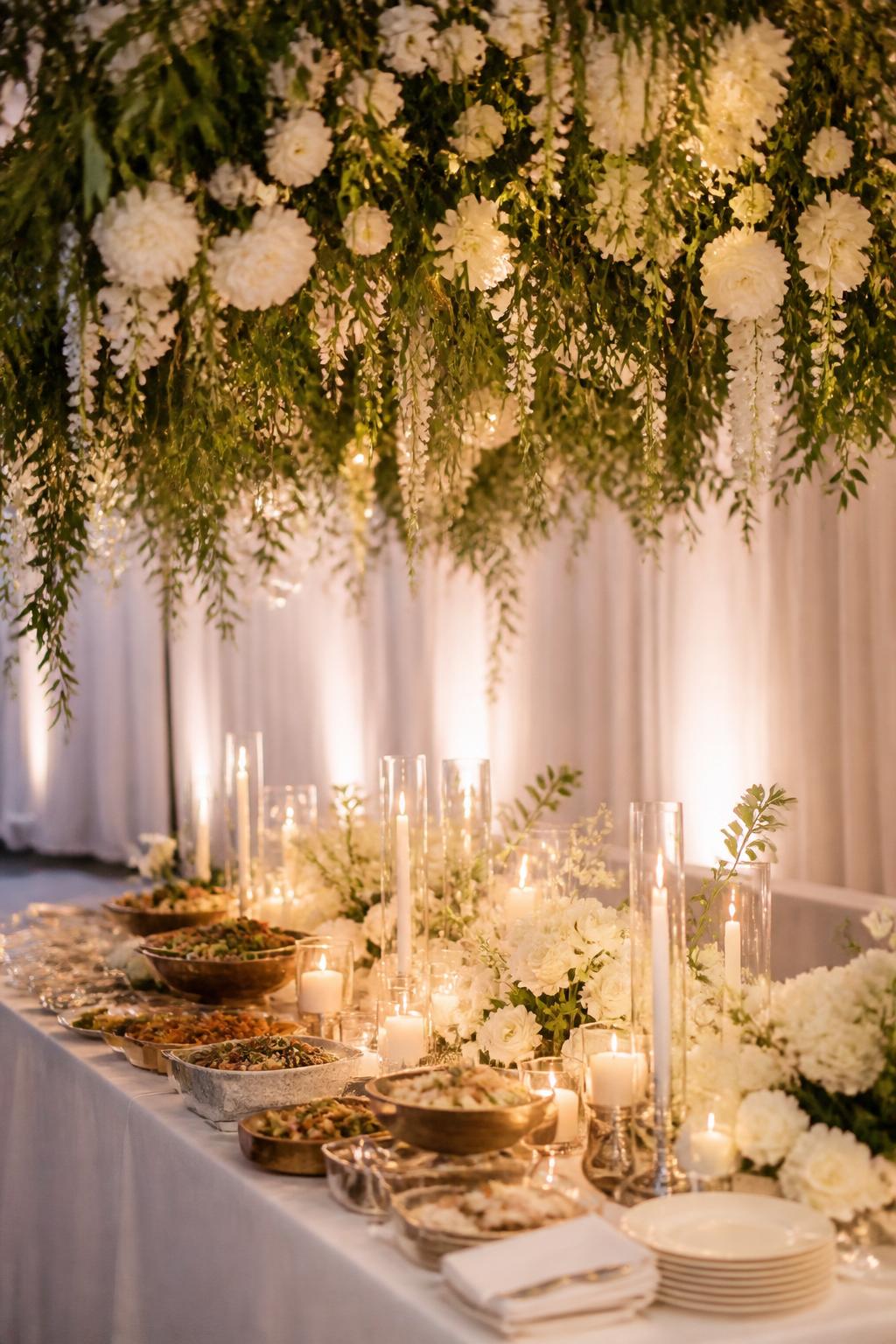 Image Prompt:
A high-end editorial wedding reception photo showing a buffet table beneath a hanging floral and greenery installation. The table has white linen, elegant serving dishes, low flowers, clear glassware, and warm candlelight. The hanging decor includes white flowers and greenery, with no visible faces, no text, no watermark, professional DSLR wedding photography.