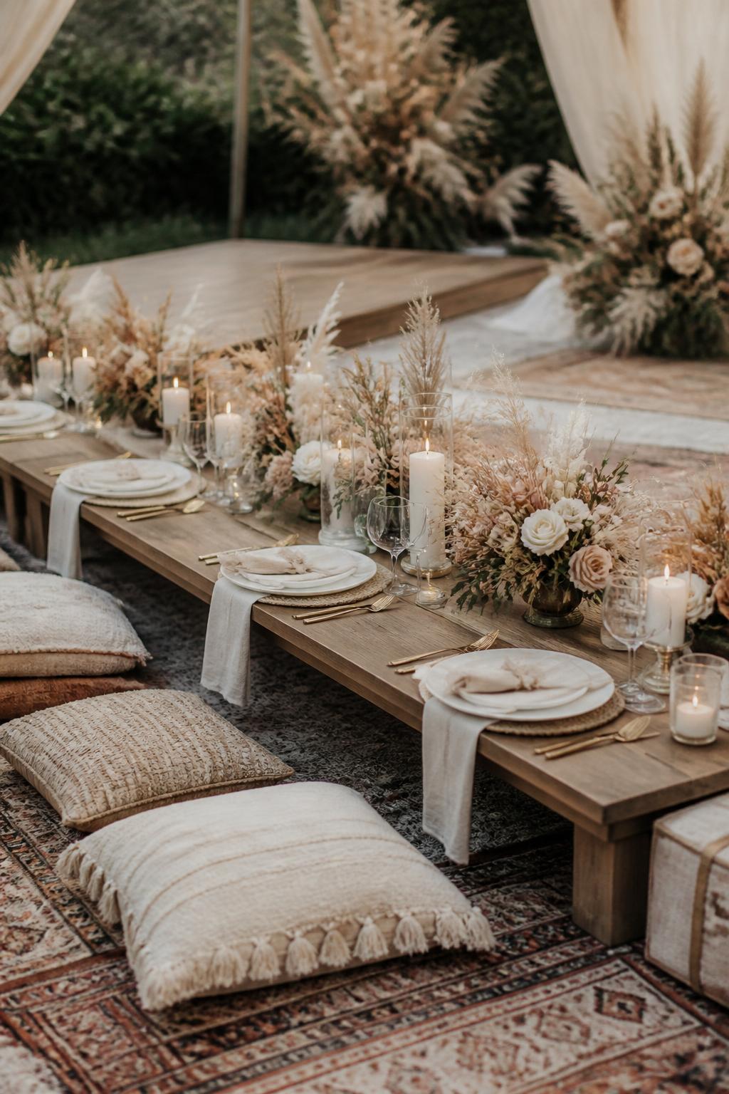 Image Prompt:
A dreamy boho wedding reception scene showing a low dining table with floor cushions, layered rugs, low floral arrangements, candles, white plates, linen napkins, and soft earthy styling. Outdoor boho wedding setting, no visible faces, no full people, no text, no watermark, realistic editorial wedding photography, (no watermarks on images)