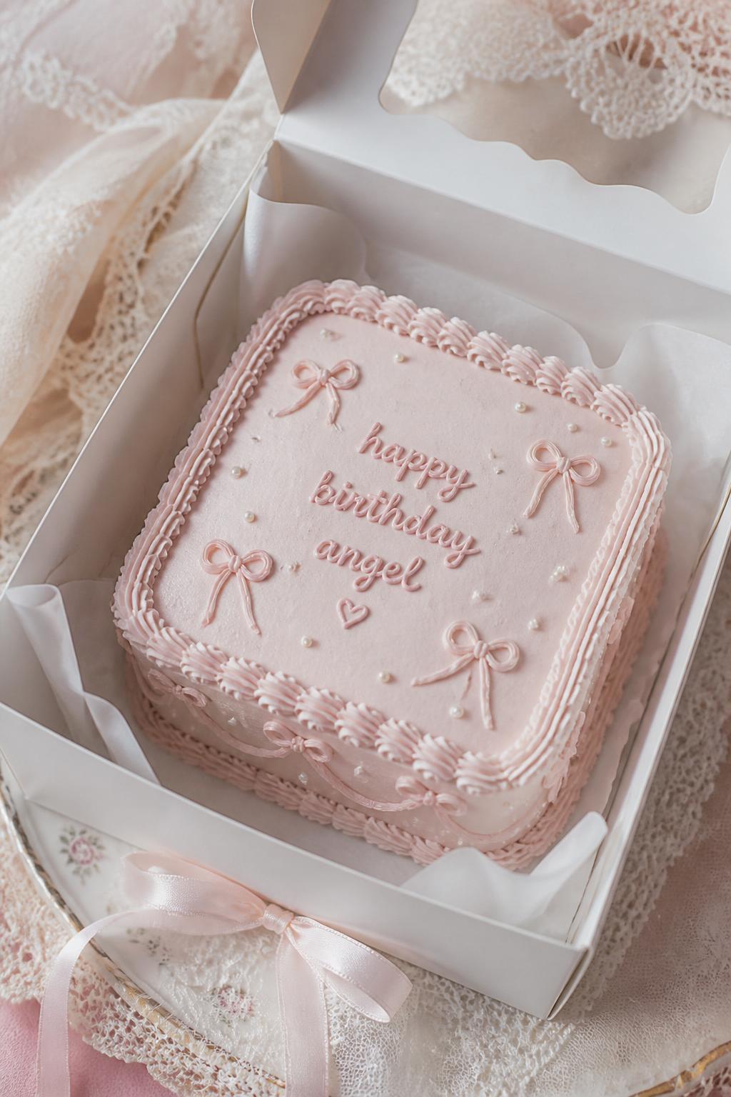 Image Prompt:
A coquette inspired bento birthday cake inside a white cake box, pale pink frosting, tiny ribbon bow details, pearl accents, delicate piped border, handwritten icing text reading “happy birthday angel,” soft lace inspired styling, editorial bakery photography, no people, no hands, no faces, no watermarks on images
