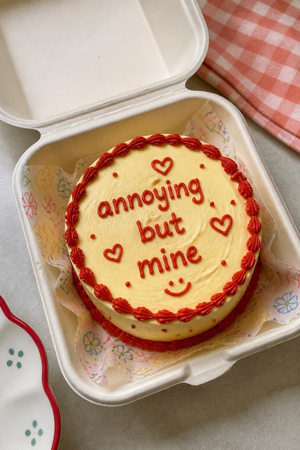 A funny cute bento cake for boyfriend in an open cake box, light yellow buttercream frosting, playful red piped border, handwritten icing text reading “annoying but mine,” tiny smiley face and heart doodles in icing, casual fun dessert styling, colorful paper napkin, soft natural light, realistic bakery photography, no people, no hands, no faces, no watermarks on images