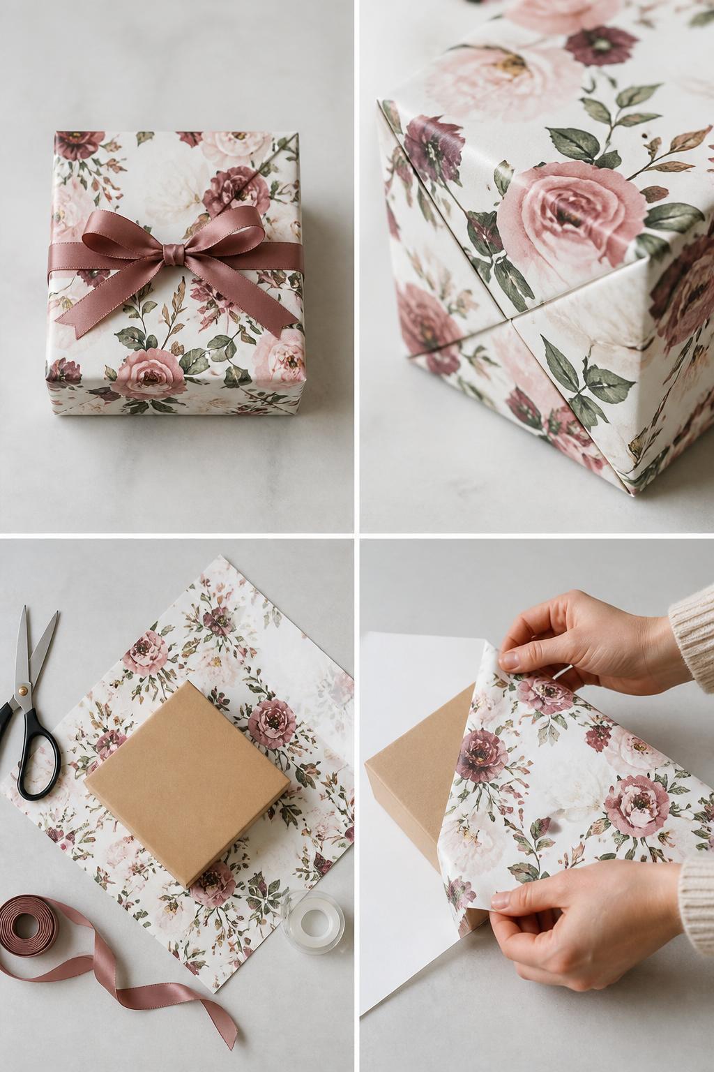 Detailed Image Prompt:
A realistic editorial 2x2 collage grid showing a diagonal gift wrapping technique, top-left finished square gift wrapped diagonally in floral paper with neat folded points, top-right close-up of diagonal seam and folded corners, bottom-left flat lay of gift box placed diagonally on paper with scissors, tape, and ribbon nearby, bottom-right cropped hands pulling one corner of paper over the box, practical gift wrapping tutorial scene, no faces, no text, no watermark on images.