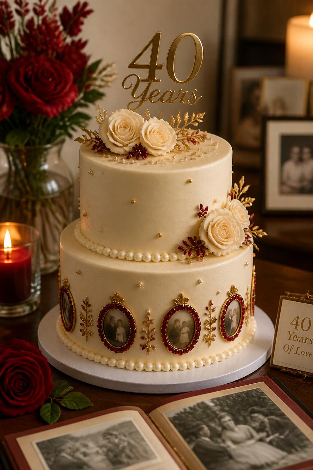 Image Prompt: A sentimental ruby wedding anniversary cake with smooth ivory buttercream, small edible ruby-framed photo-style details around the lower tier, pearl borders, cream roses, tiny gold accents, and a tasteful “40 Years” topper. Style it on a family dessert table with photo albums, candles, red flowers, and warm indoor lighting. Make the photo details softly blurred with no clear visible faces, realistic, emotional, no people, no faces, no watermark. (no watermarks on images)