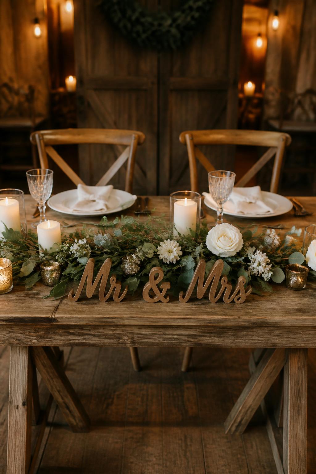 Image Prompt:
A charming rustic wedding sweetheart table featuring a bare wooden farm table with a handcrafted wooden Mr and Mrs sign at the front, eucalyptus greenery, white flowers, cream pillar candles, linen napkins, ceramic plates, and warm barn lighting. No visible faces, no text except the Mr and Mrs sign, no watermark, realistic DSLR editorial wedding photography.