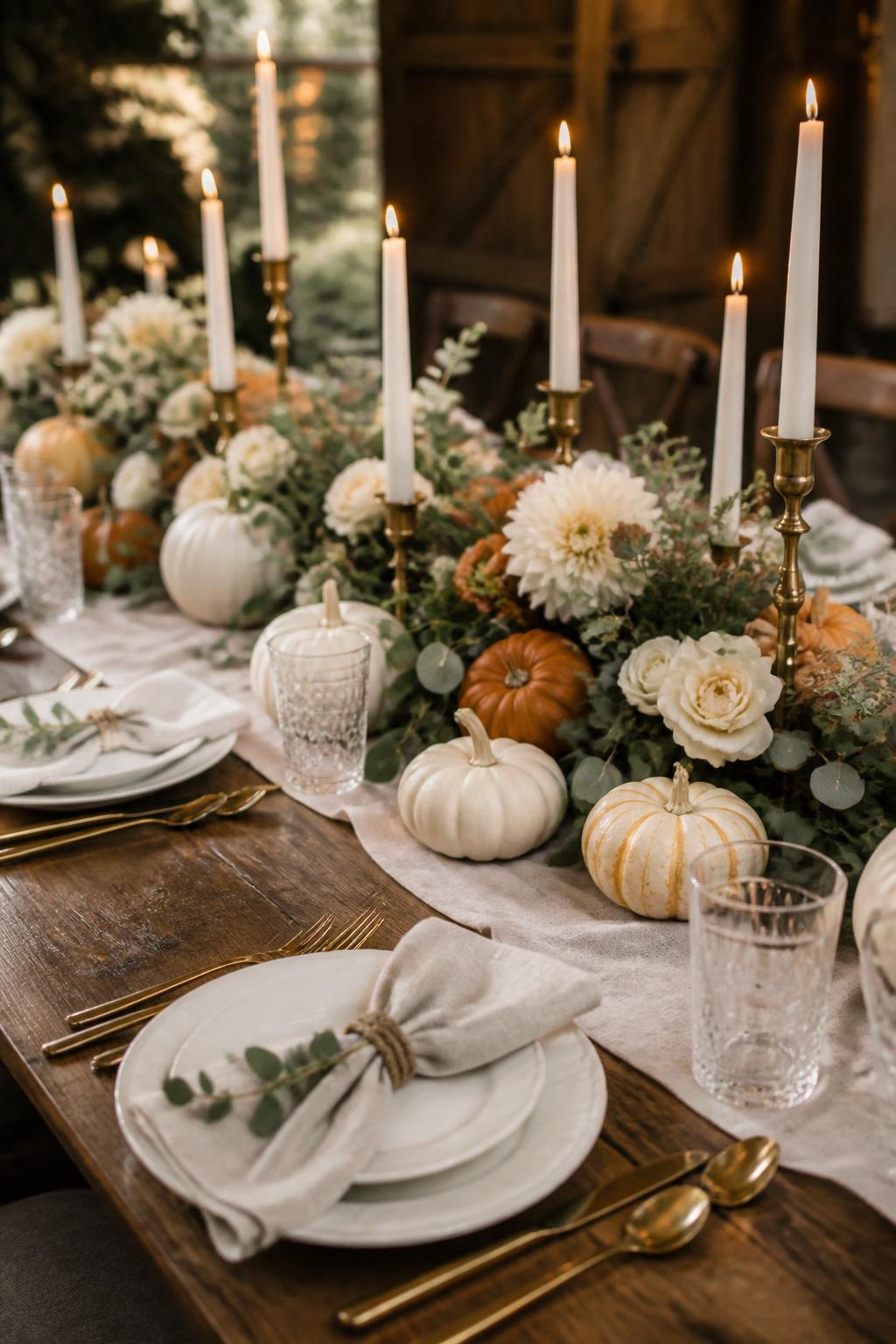 Image Prompt:
A charming autumn wedding table decorated with small white and muted orange pumpkins, soft greenery, ivory flowers, taper candles, white plates, gold flatware, and linen napkins. The pumpkins are styled tastefully as elegant accents, not playful props. Warm barn or garden reception setting, no visible faces, no text, no watermark, realistic editorial wedding photography, (no watermarks on images)