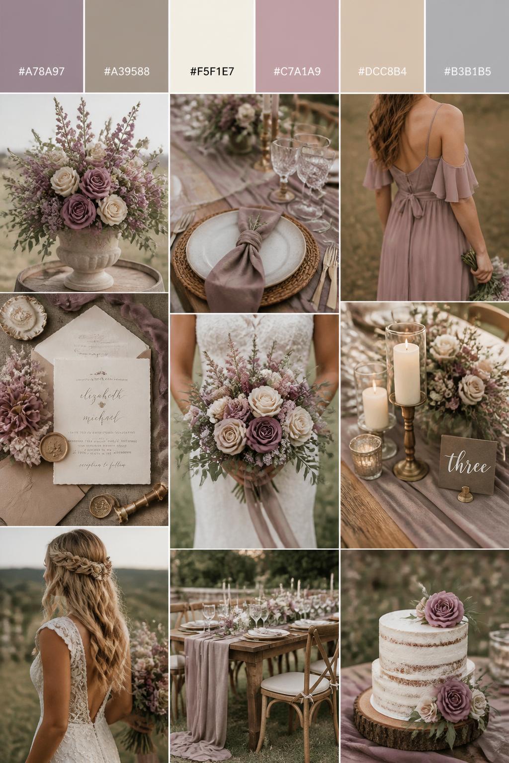 A realistic vertical wedding mood board with a top palette strip showing hex codes in mauve, taupe, cream, dusty rose, warm beige, and soft gray. Below the swatches, show a romantic country collage of mauve flowers, taupe linens, cream candles, wooden table settings, invitation styling, a bouquet held in front of the body with no face visible, cropped bridesmaid dress details, and warm reception decor with rustic details. Use varied no-face compositions such as side views, back views, hand-held bouquet close-ups, and no-people tablescape shots. DSLR realism, Pinterest-style collage layout, 9:16 vertical format. (no watermarks on images)
