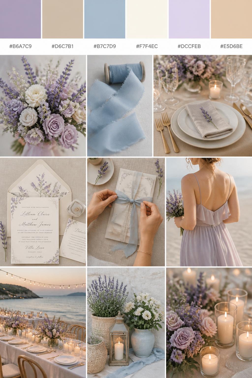 A realistic wedding color palette collage with a top row of swatches and hex codes in lavender, sand, soft blue, ivory, pale lilac, and warm beige. Below, show realistic wedding details such as lavender florals, blue ribbon, sand-toned linen, elegant stationery, hands tying an invitation suite, a cropped-from-neck bridesmaid dress detail, and a calm beach reception setup lit by warm light. Keep all people shown from the back, side, or cropped below the face, and include some no-people decor scenes for variety. The mood should feel romantic, soft, airy, and coastal with DSLR-quality realism. 9:16 vertical format. (no watermarks on images)