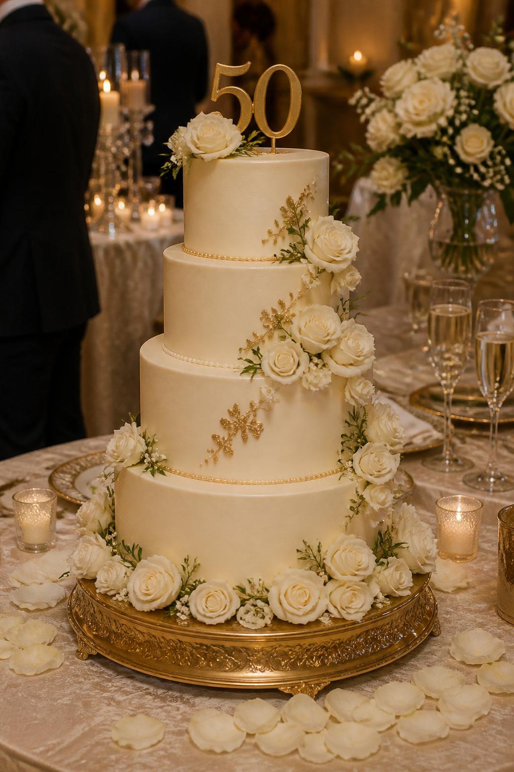 Image Prompt: Ultra-realistic 50th wedding anniversary reception scene showing a tall elegant anniversary cake with smooth ivory tiers, fresh white roses, subtle gold trim, and a tasteful number "50" topper. Place the cake on a luxury dessert table with candles, white floral arrangements, champagne glasses, fine linens, and a softly blurred formal celebration backdrop. Keep the cake front and center. No visible faces. If people appear, show only cropped hands, back views, side views, or neck-down figures. Realistic rose petals, refined icing texture, soft warm DSLR lighting. (no watermarks on images)