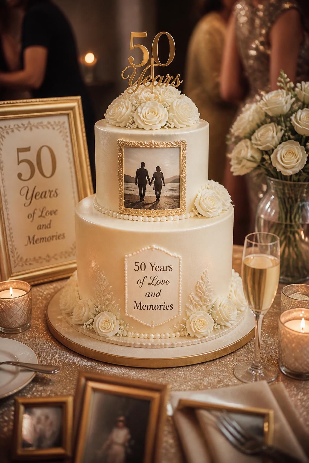 Image Prompt: Ultra-realistic 50th wedding anniversary celebration image of a classy anniversary cake with smooth ivory frosting, soft gold accents, pearl details, and one tasteful edible photo-frame style design showing a simple silhouette-style couple image or elegant memory detail instead of clear faces. Place the cake on an elegant dessert table with candles, champagne flutes, flowers, framed anniversary decor, and warm party lighting. No visible faces. If people appear, show only cropped hands, back views, side views, or neck-down figures. Realistic icing texture, refined frame detail, DSLR event photography, meaningful and polished. (no watermarks on images)