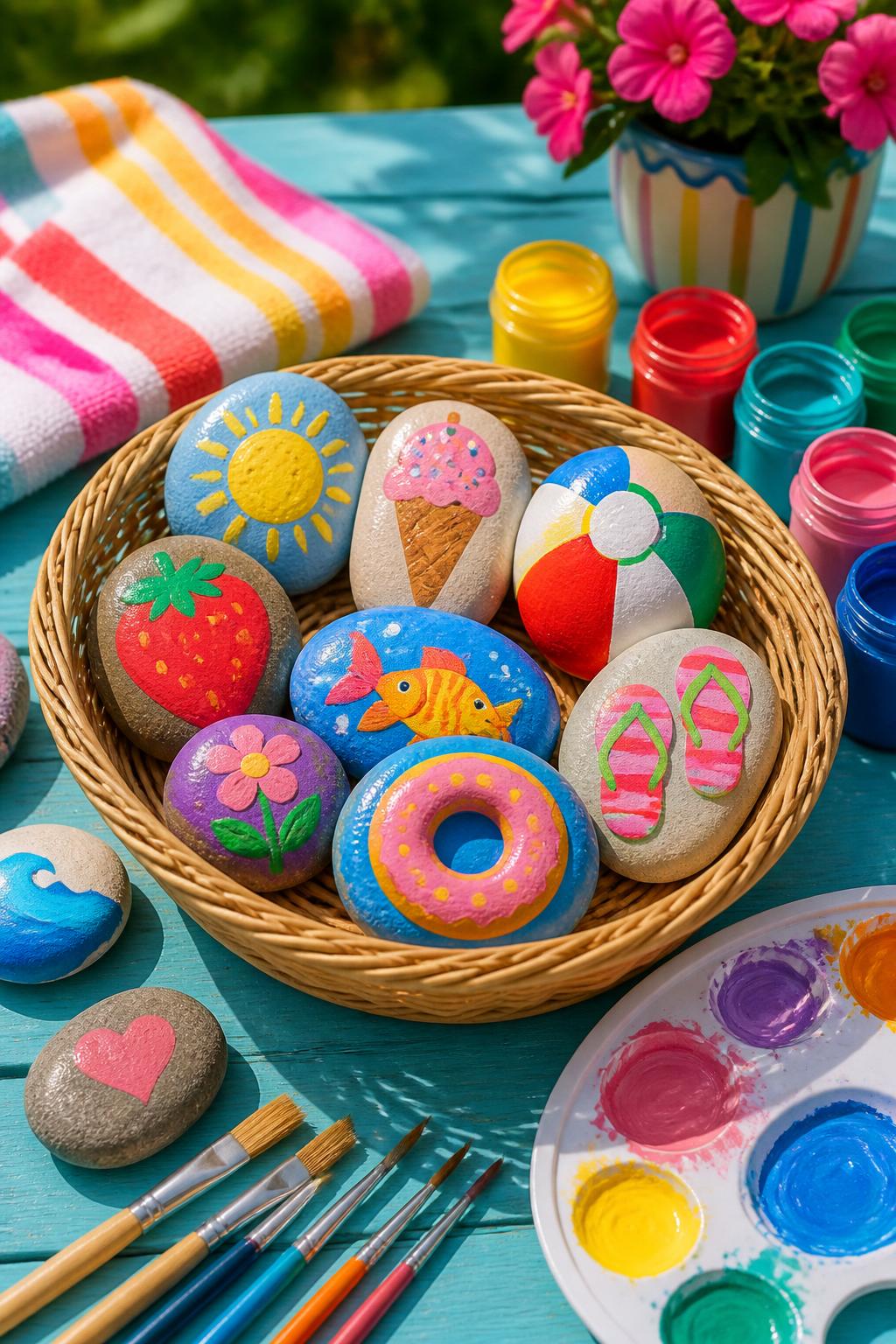 Detailed Image Prompt:
A playful kids’ craft photo showing painted summer memory rocks, smooth rocks painted as tiny suns, ice cream cones, beach balls, strawberries, flowers, fish, flip-flops, and pool floats, arranged in a small basket with paintbrushes and acrylic paints nearby, bright outdoor craft table, cheerful end-of-summer style, no people, no faces, no readable text, no watermark on images.