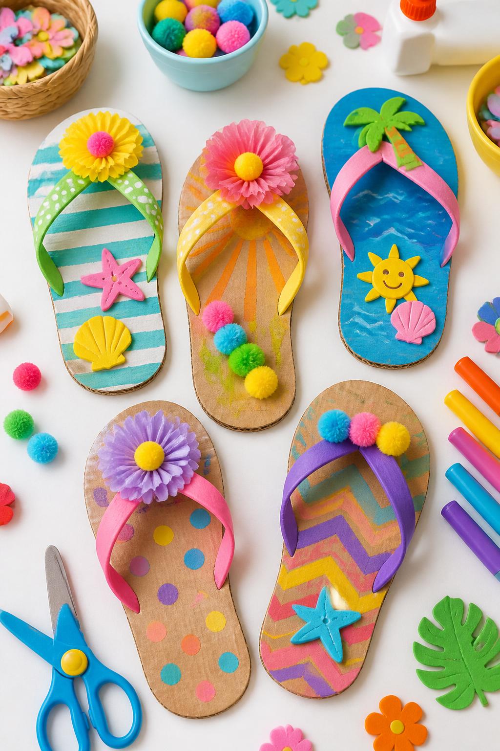 Detailed Image Prompt:
A fun summer craft table photo showing handmade cardboard flip-flops decorated with pom-poms, paper flowers, foam stickers, and painted patterns, bright colors on a clean white table, craft glue, markers, and child-safe scissors nearby, playful beach craft style, no feet, no people, no text, no watermark on images.