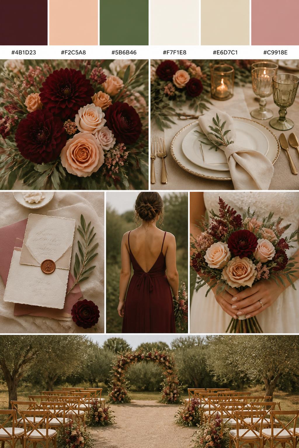 A realistic Pinterest-style wedding color palette collage with a top strip of hex-coded swatches in merlot, soft peach, olive green, cream, warm beige, and dusty rose. Below, create a wedding mood board with merlot flowers, peach roses, olive greenery, cream table details, textured invitations, a no-face back-view bridesmaid dress shot, close-up hands holding a bouquet, and a warm outdoor ceremony setup with no faces visible. The mood should feel cute, earthy, romantic, and softly moody with DSLR realism. 9:16 vertical format. No extra text except small hex codes. (no watermarks on images)