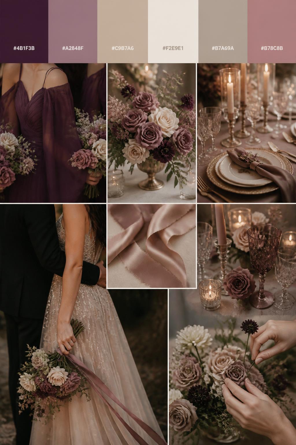 Image Prompt:
A realistic wedding inspiration mood board with a top color strip showing hex-coded swatches in deep plum, dusty mauve, champagne, cream, soft taupe, and muted rose. Under the palette strip, create a romantic collage of plum bridesmaid dress fabric, mauve and cream floral arrangements, champagne table settings, soft silk ribbon, candlelit glassware, a side-view couple pose cropped from the shoulders down, and a close-up of hands arranging flowers with no faces shown. The mood should feel cute, dreamy, warm, and dark romantic, styled like a high-end Pinterest wedding color board with realistic DSLR photo quality. 9:16 vertical format. Avoid visible faces. No extra text except small hex codes on the palette strip. (no watermarks on images)