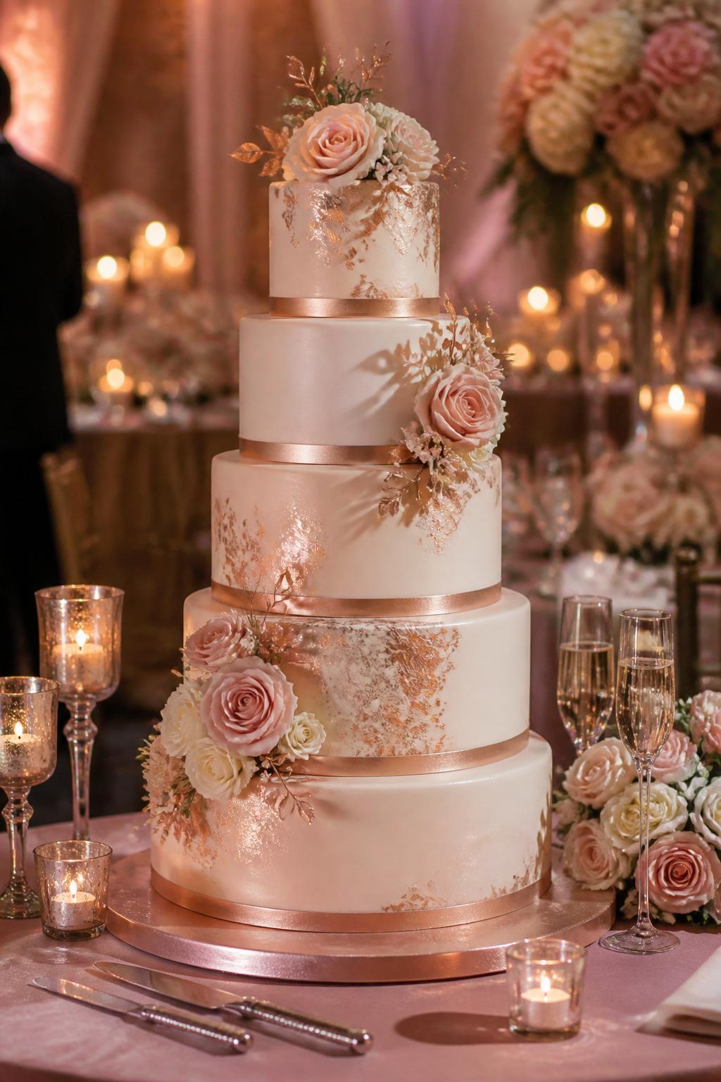 Image Prompt: Ultra-realistic wedding reception image of a rose gold metallic wedding cake with smooth ivory or blush tiers, soft rose gold leaf accents, delicate rose gold trim, and romantic floral details. Place the cake on a styled wedding cake table with candles, blush and ivory flowers, rose gold decor, champagne glasses, fine linens, and a softly blurred reception scene. Keep the cake as the hero of the photo. No visible faces. If people appear, show only cropped hands, side views, back views, or figures from the neck down. Realistic rose gold shine, soft icing texture, warm romantic DSLR event photography. (no watermarks on images)