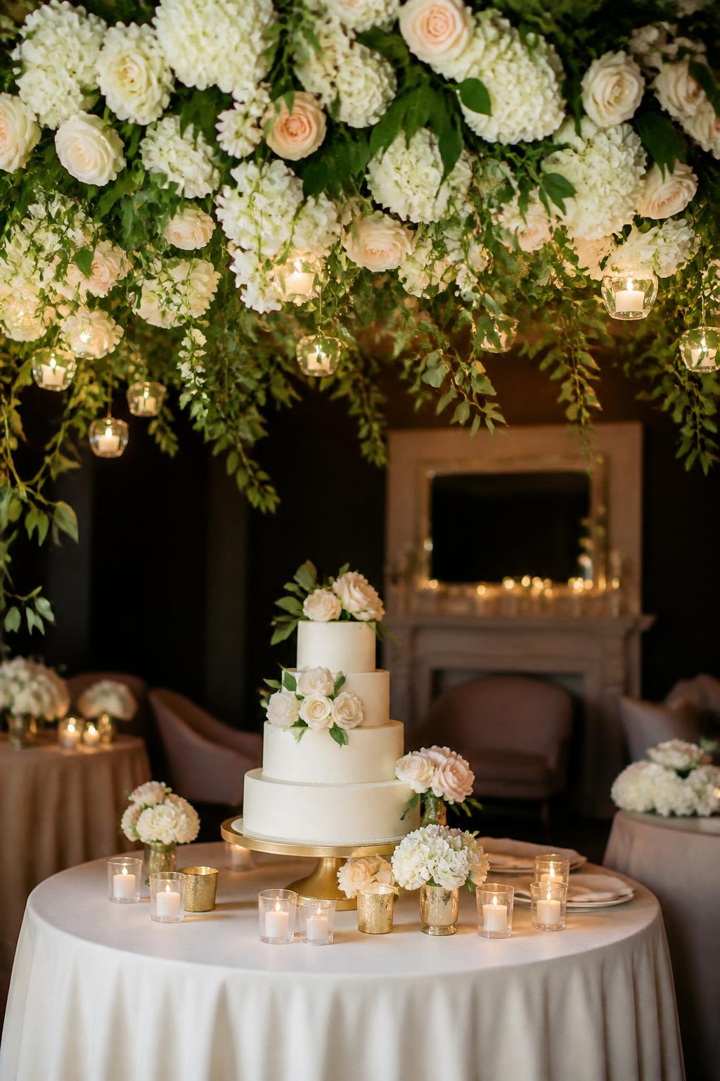Image Prompt:
A high-end editorial wedding reception photo showing a wedding cake table beneath a hanging floral installation with white flowers, blush blooms, and soft greenery. The table below has a white tiered cake, ivory linen, candles, and elegant floral touches. No visible faces, no full people, cake and hanging flowers focused, no text, no watermark, realistic DSLR wedding photography, (no watermarks on images)