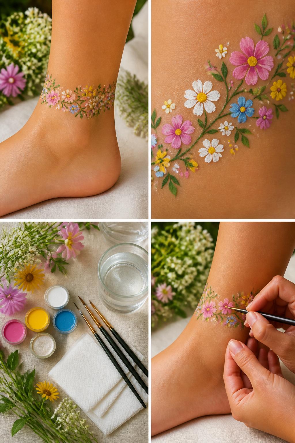 Detailed Image Prompt:
A realistic editorial 2x2 collage grid showing summer flower anklet leg painting, top-left finished design with tiny painted flowers, vines, and leaves wrapping around the ankle like a floral anklet, top-right close-up of pink, yellow, blue, and white flower details, bottom-left flat lay of skin-safe floral body paints, fine brushes, wipes, and water cup, bottom-right cropped hands painting small petals near the ankle, pretty summer garden craft styling, no faces, no text, no watermark on images.